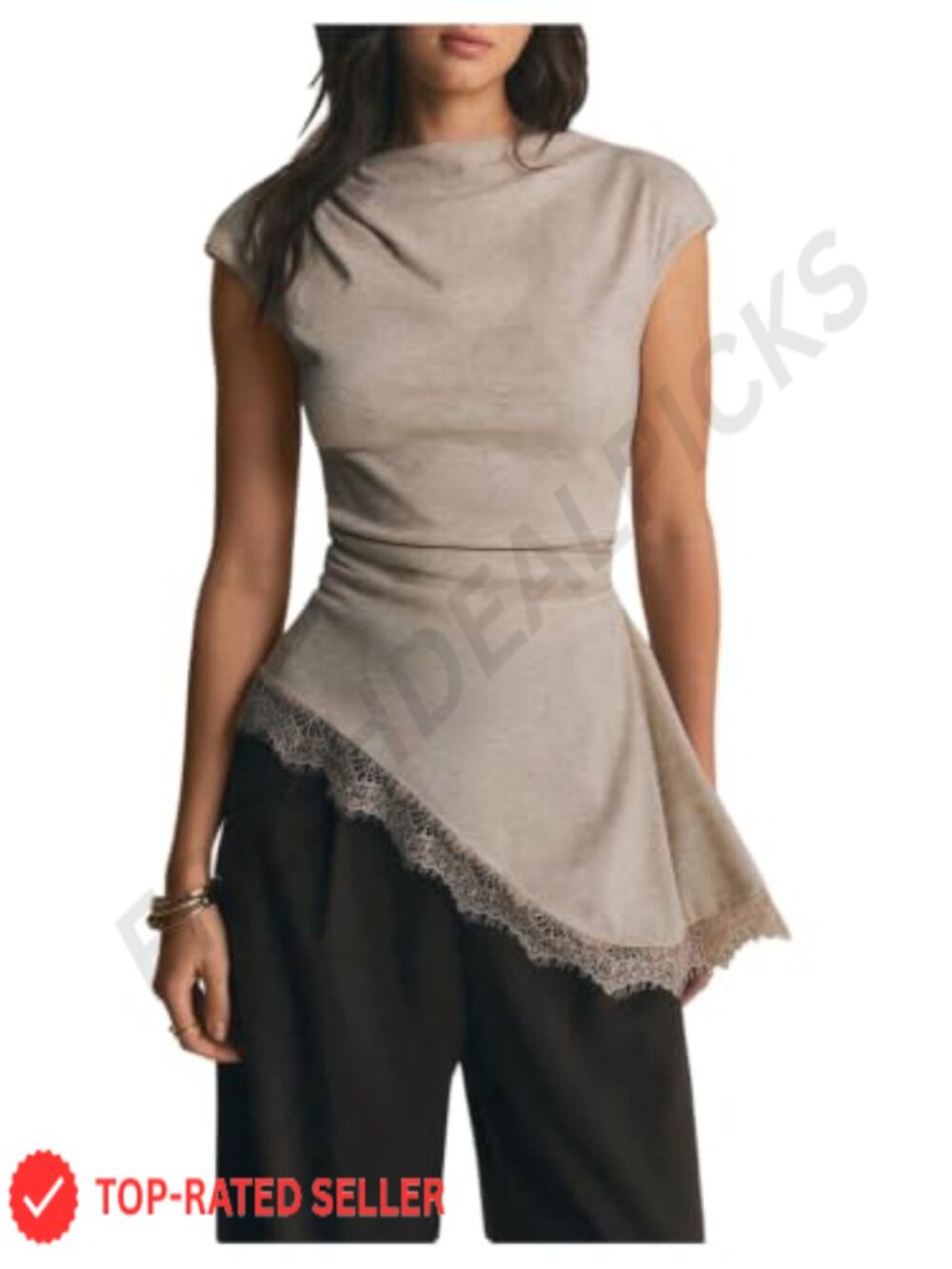 Lace Asymmetrical Peplum Top Cap Sleeve Cinched Waist Business Casual Blouse